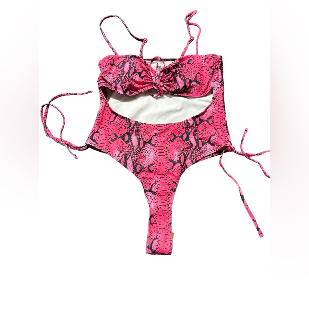 HOT PINK sexy one piece snake print high cut skirt does w thong bottom NWT